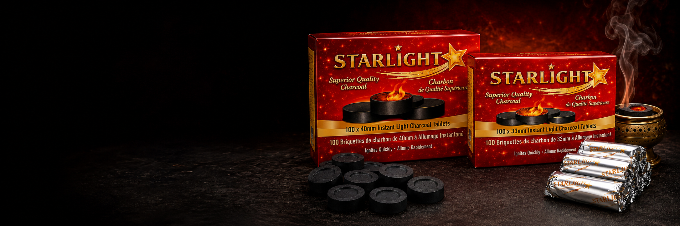 Starlight 33mm and 40mm instant-light charcoal boxes with wrapped rolls and round charcoal tablets