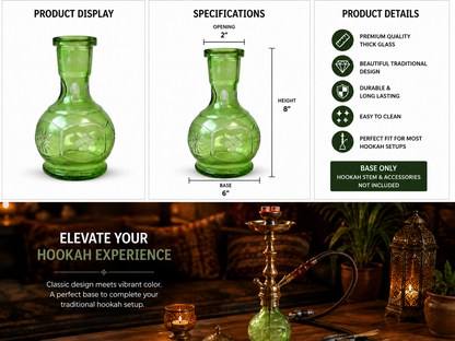 A composite product listing graphic for a green glass hookah base. The top section shows three white panels with labeled callouts: product display, specifications (opening 2 inches, height 8 inches, base 6 inches), and product details.