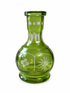 A green glass bottle vase with etched white floral and geometric patterns, shown on a plain white background.