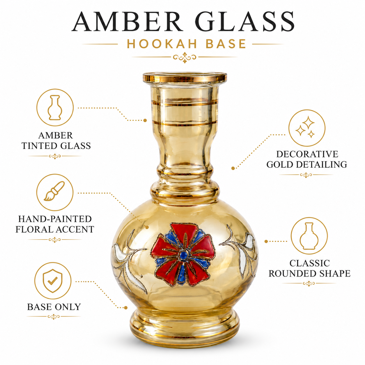 Amber Glass Hookah Base – Red &amp; Blue Floral Replacement Vase