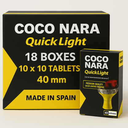 Large black and yellow master case of Coco Nara hookah charcoal showing quantity and specifications, designed for wholesale or retail.

