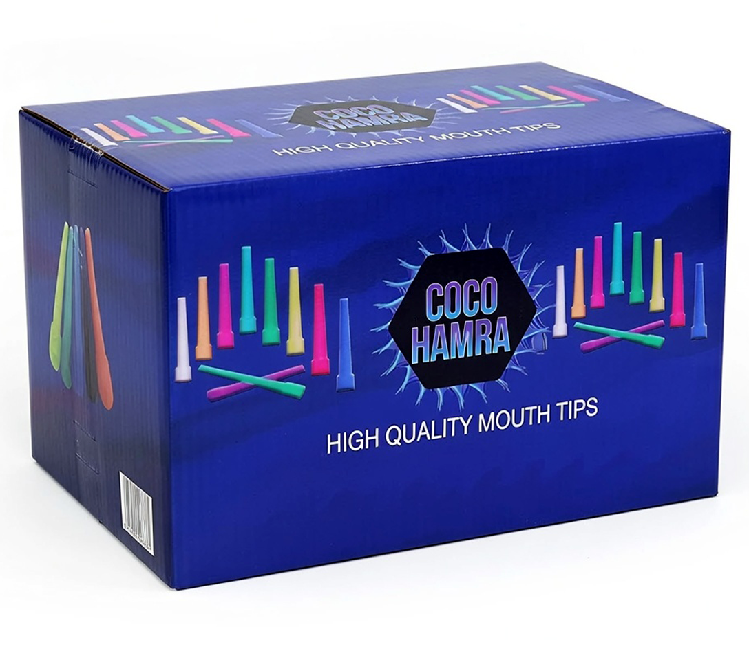 Box of Coco Hamra high quality mouth tips with colorful illustrations on a white background