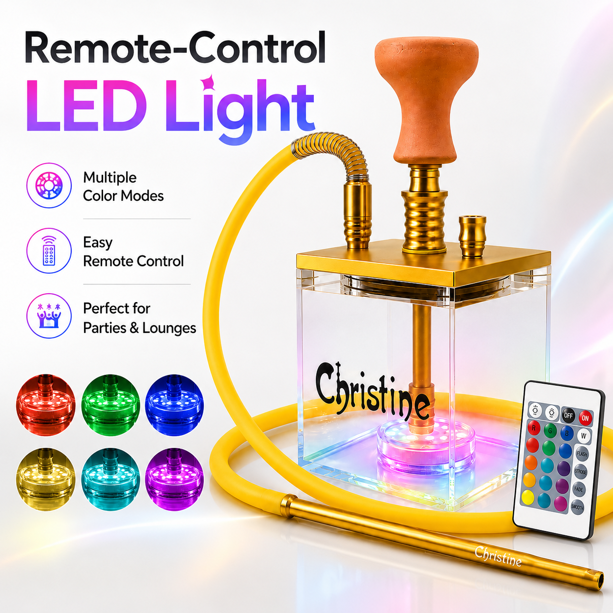A remote-controlled LED light hookah set with a transparent glass base, gold metal components, a yellow hose, and a matching remote control. The hookah is labeled &