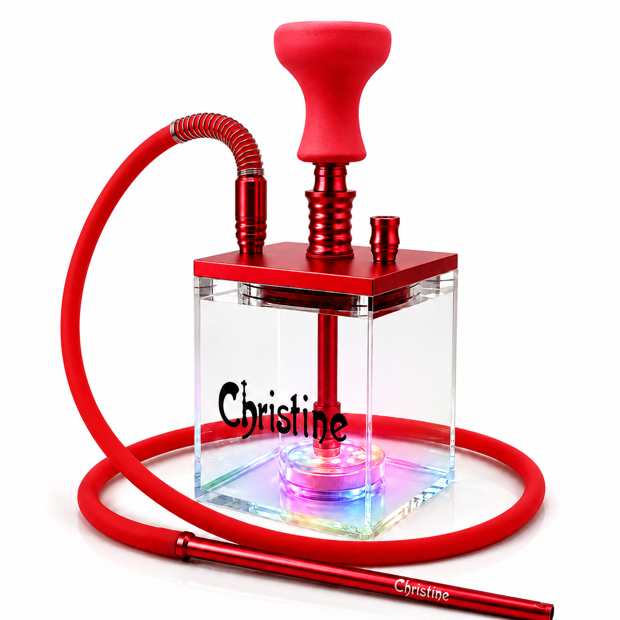 A red hookah set with a clear rectangular glass base, LED lighting, and a flexible red hose. The base is personalized with the name &