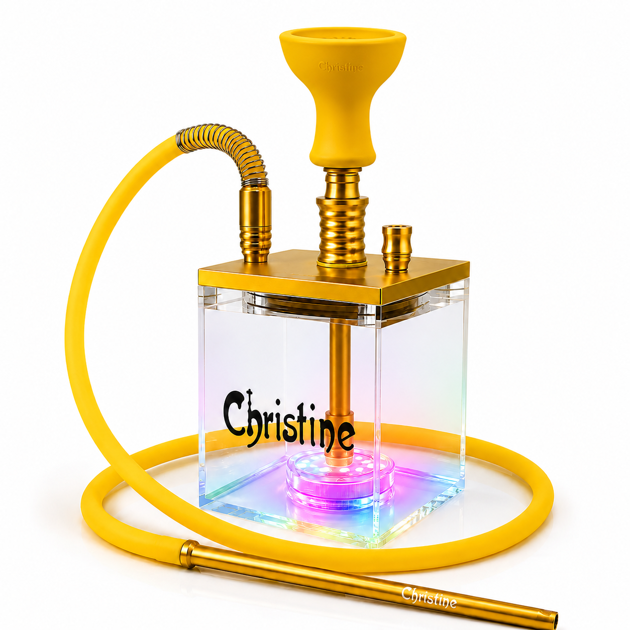 A custom hookah set with a transparent acrylic base, gold metal components, and a bright yellow hose and top. The base is personalized with the name &