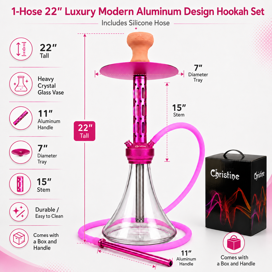 Christine pink hookah set parts including glass base, aluminum stem, tray, silicone hose and clay bowl