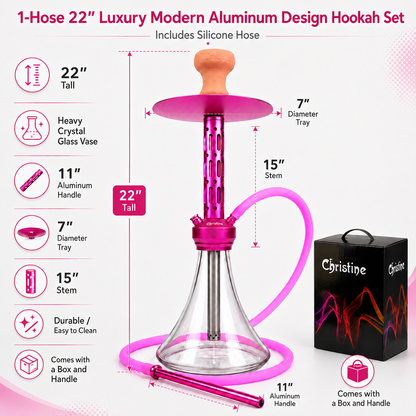 Christine pink hookah set parts including glass base, aluminum stem, tray, silicone hose and clay bowl