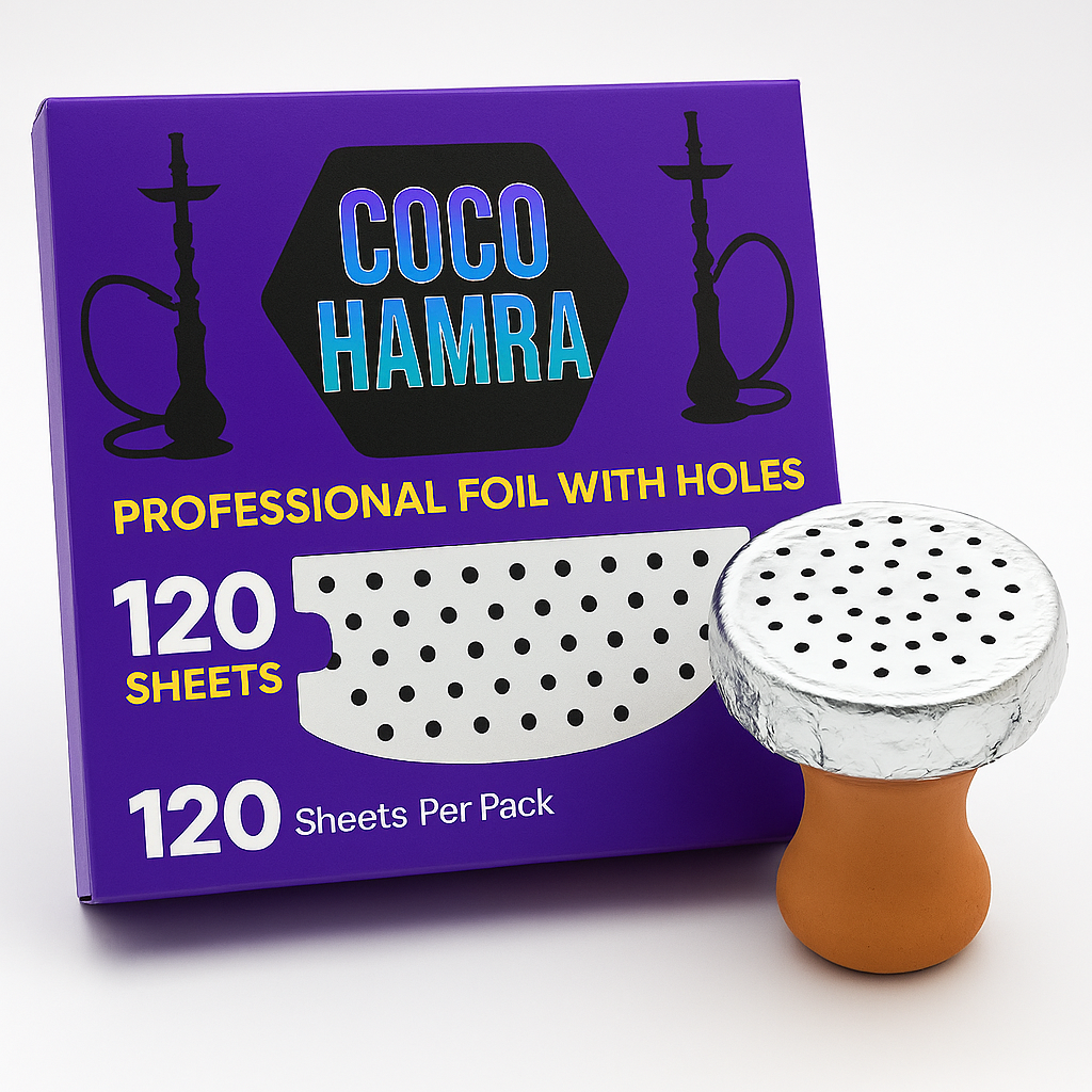 Coco Hamra hookah foil packaging with a sample foil on a white background
