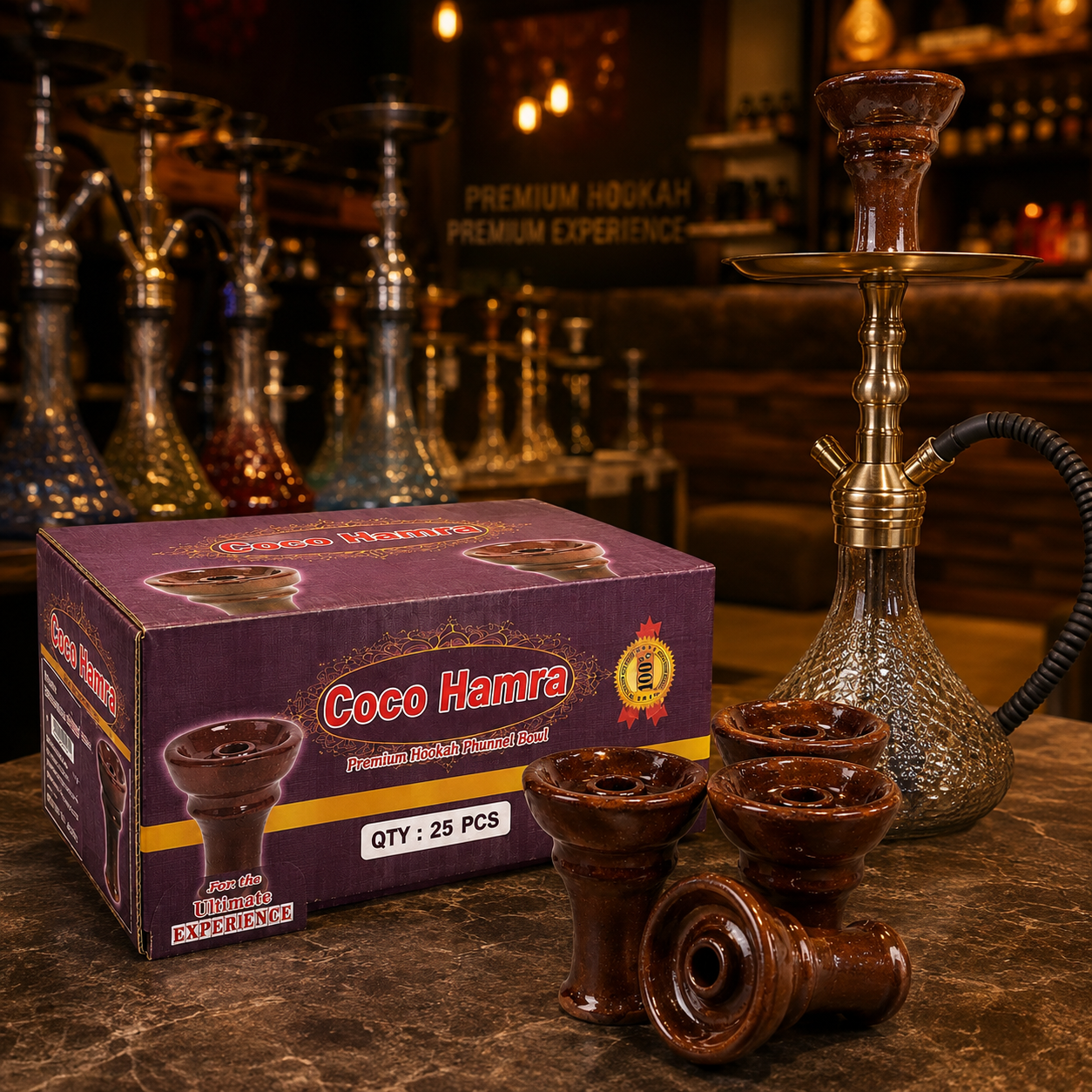 A box of Coco Hamra premium hookah bowls and a glass hookah set on a marble table in a dimly lit bar setting.