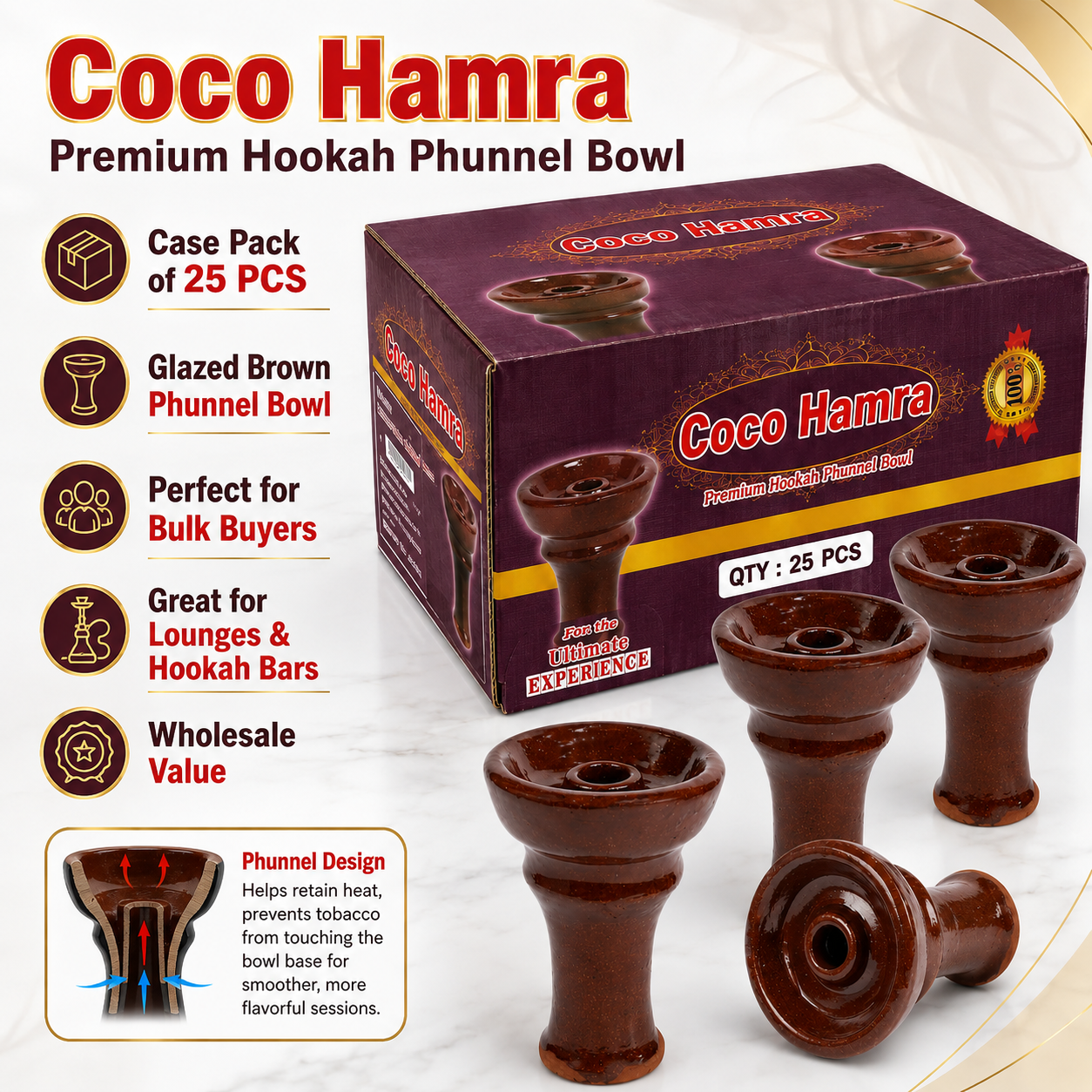 Coco Hamra premium hookah phunnel bowl case pack of 25 pieces, featuring a deep brown glazed finish, shown with the product box and several individual phunnel bowls on a light marble background with promotional text and icons.