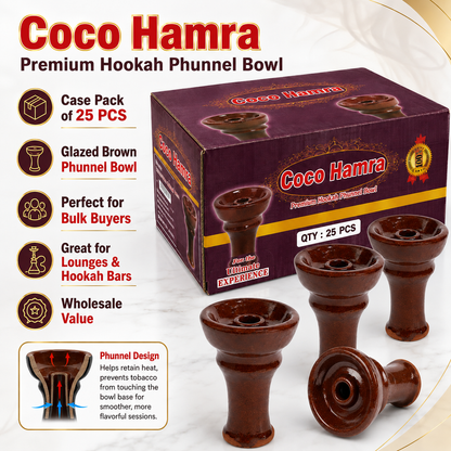 Coco Hamra premium hookah phunnel bowl case pack of 25 pieces, featuring a deep brown glazed finish, shown with the product box and several individual phunnel bowls on a light marble background with promotional text and icons.