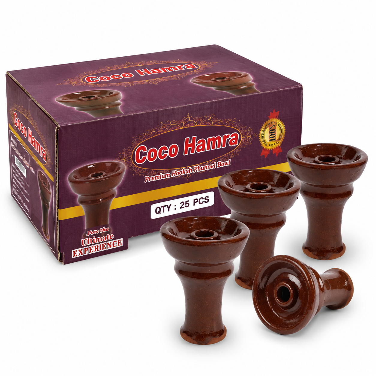 A box of Coco Hamra premium hookah flower bowl pieces alongside four individual brown ceramic hookah bowls on a white background.