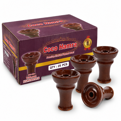 A box of Coco Hamra premium hookah flower bowl pieces alongside four individual brown ceramic hookah bowls on a white background.