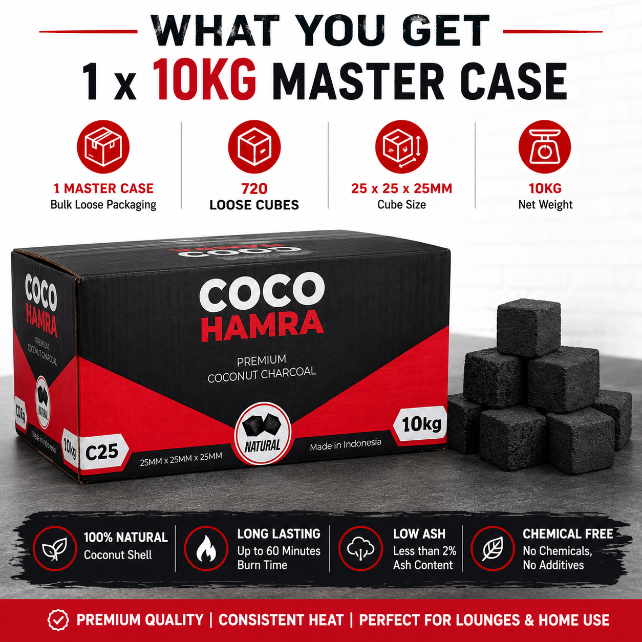 A 10kg box of Coco Hamra premium coconut charcoal briquettes shown on a dark surface with several black charcoal cubes beside it. The image includes marketing text and icons describing the package contents and product features.
