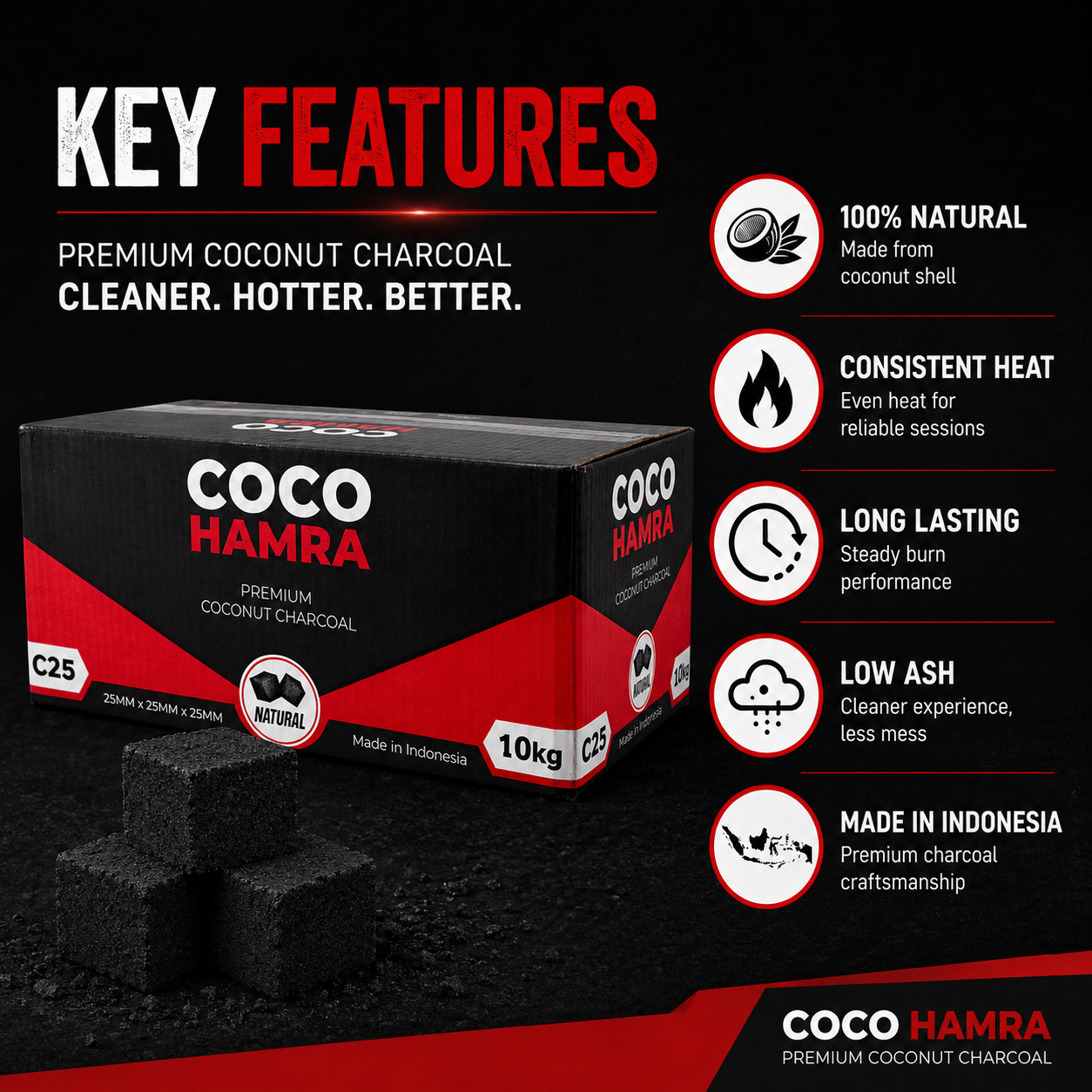 A promotional graphic for Coco Hamra Premium Coconut Charcoal showing a black and red product box with several charcoal briquettes in front, on a black background with large &