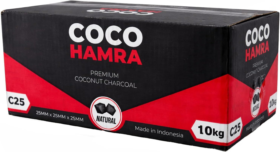 A 10kg cardboard box of Coco Hamra Premium Coconut Charcoal, C25 size, featuring a black and red design with white and red text.