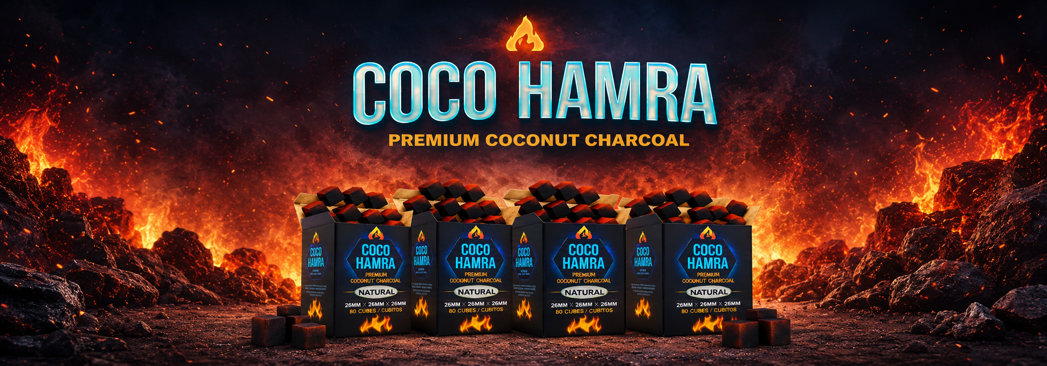 Coco Hamra premium coconut hookah charcoal boxes with natural 26mm cubes