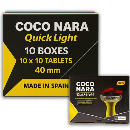 Master case of Coco Nara Quick Light 40mm charcoal with branded packaging and product info printed on the box.

