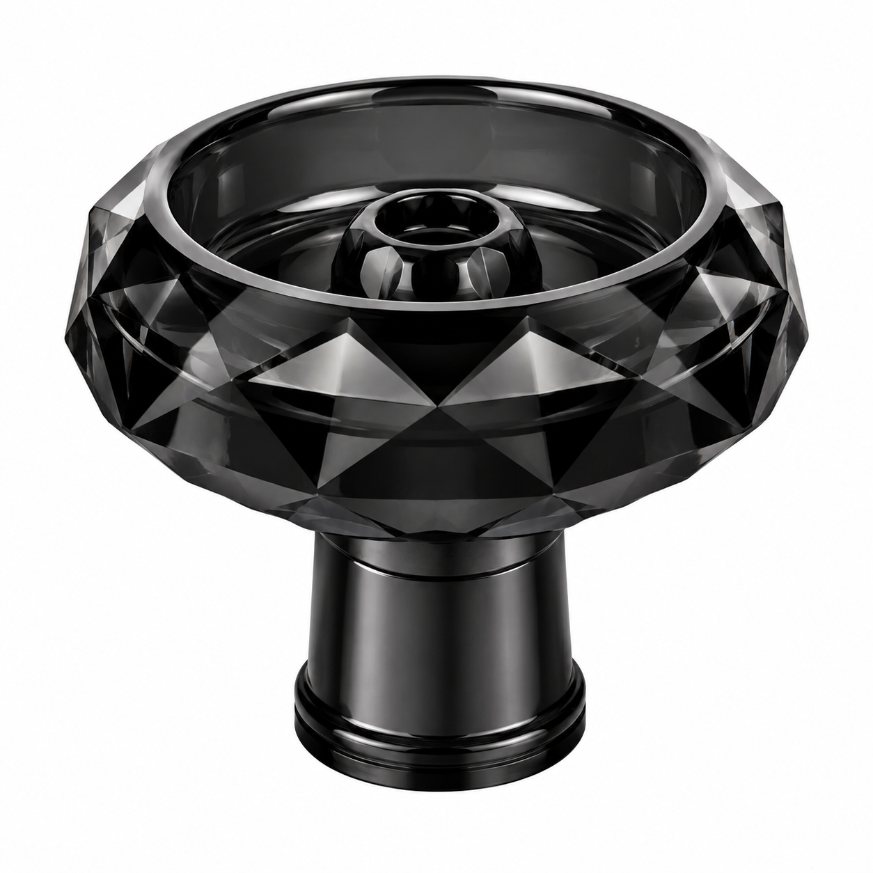 A black faceted glass bowl with a matching black stem, photographed on a solid white background.