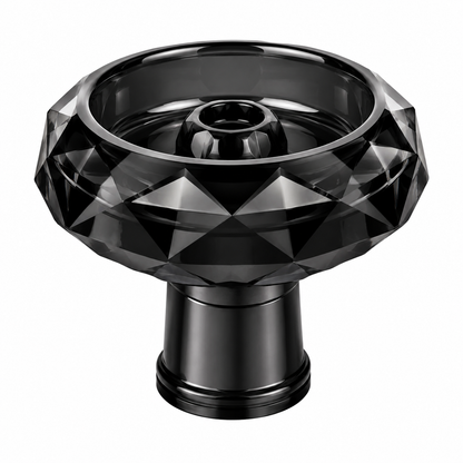 A black faceted glass bowl with a matching black stem, photographed on a solid white background.