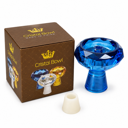 A blue faceted glass Crystal Bowl hookah accessory shown next to its brown branded box and a small white cone filter on a clean white background.