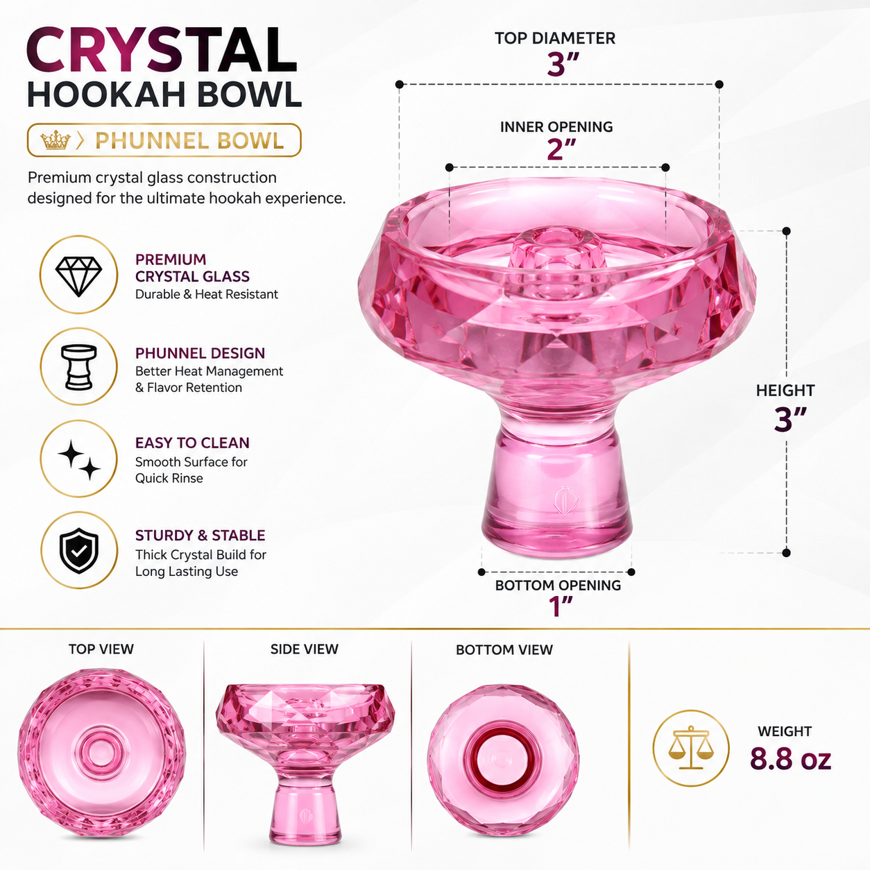 Pink crystal glass hookah bowl with dimension callouts, including top diameter 3 inches, inner opening 2 inches, height 3 inches, and bottom opening 1 inch. The image includes feature icons and small top, side, and bottom view insets on a white background.