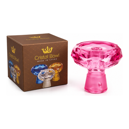A pink faceted crystal-style bowl shown next to its brown branded box on a clean white background. The box reads &