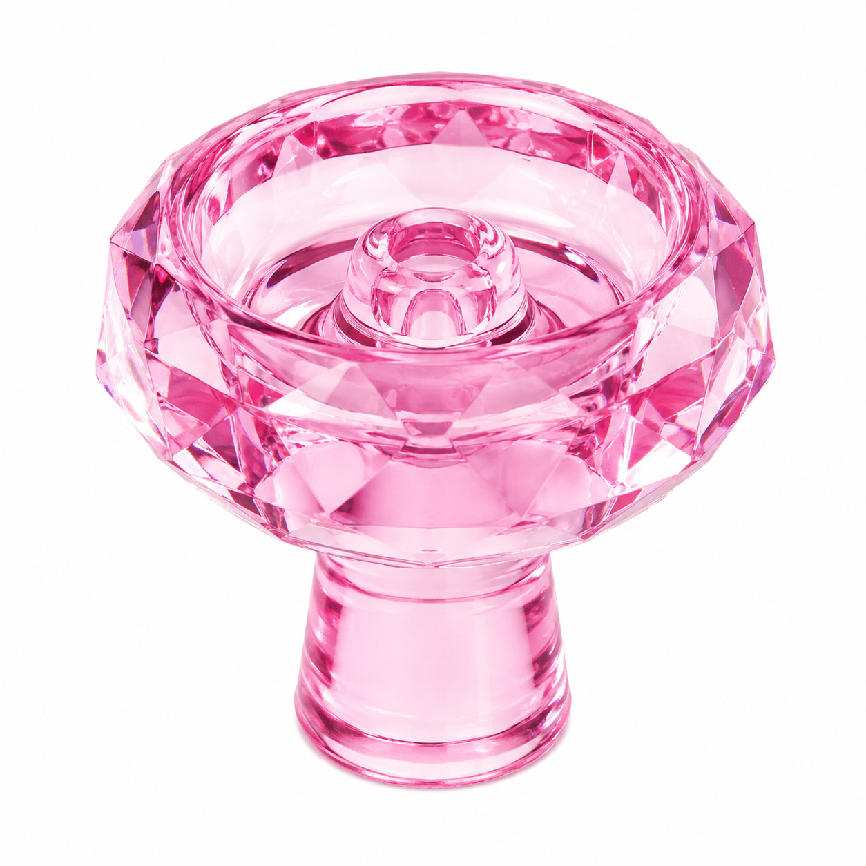 A pink faceted glass hookah bowl with a matching stem, photographed on a clean white background.