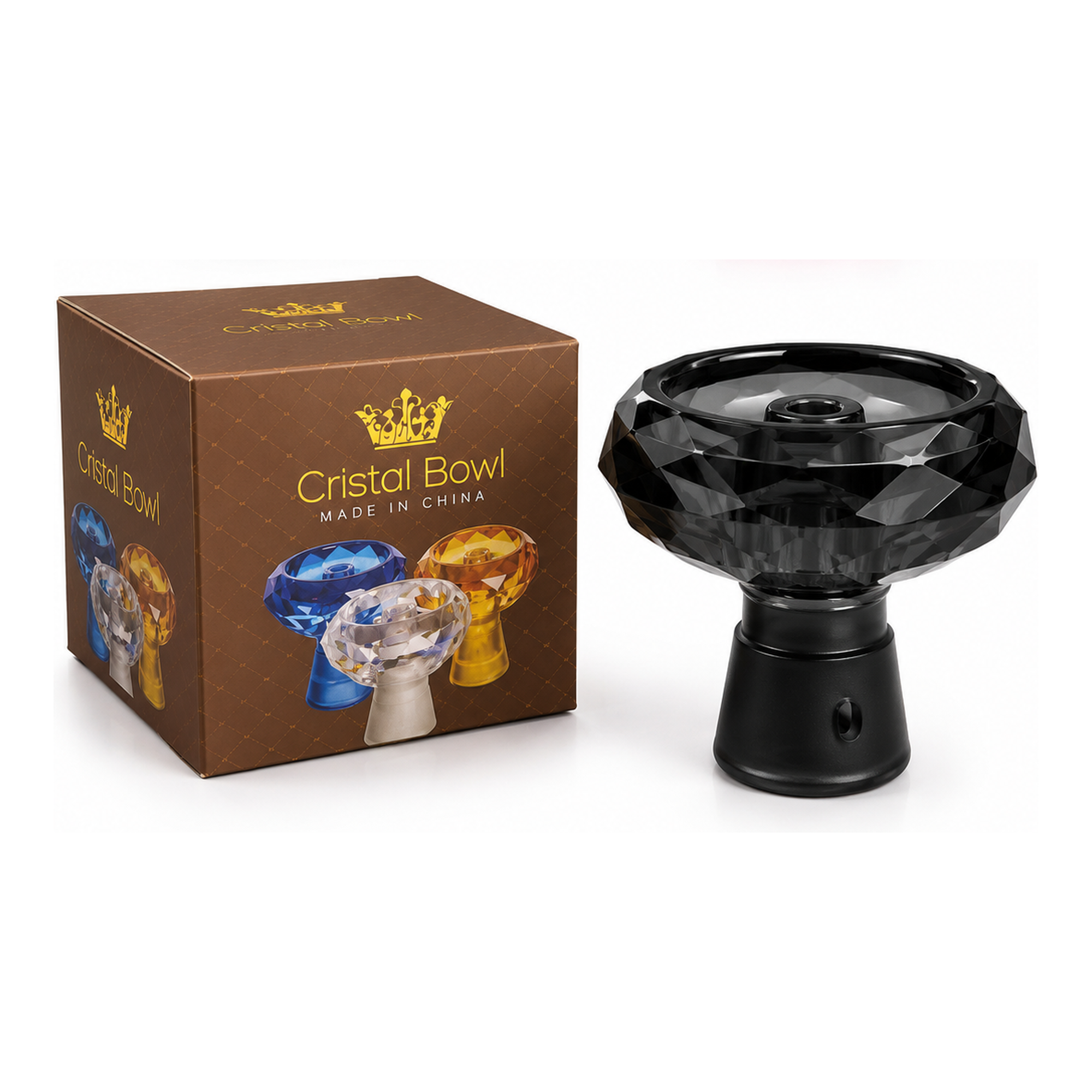 A faceted black crystal-style car air freshener bowl next to its brown branded box on a clean white background.