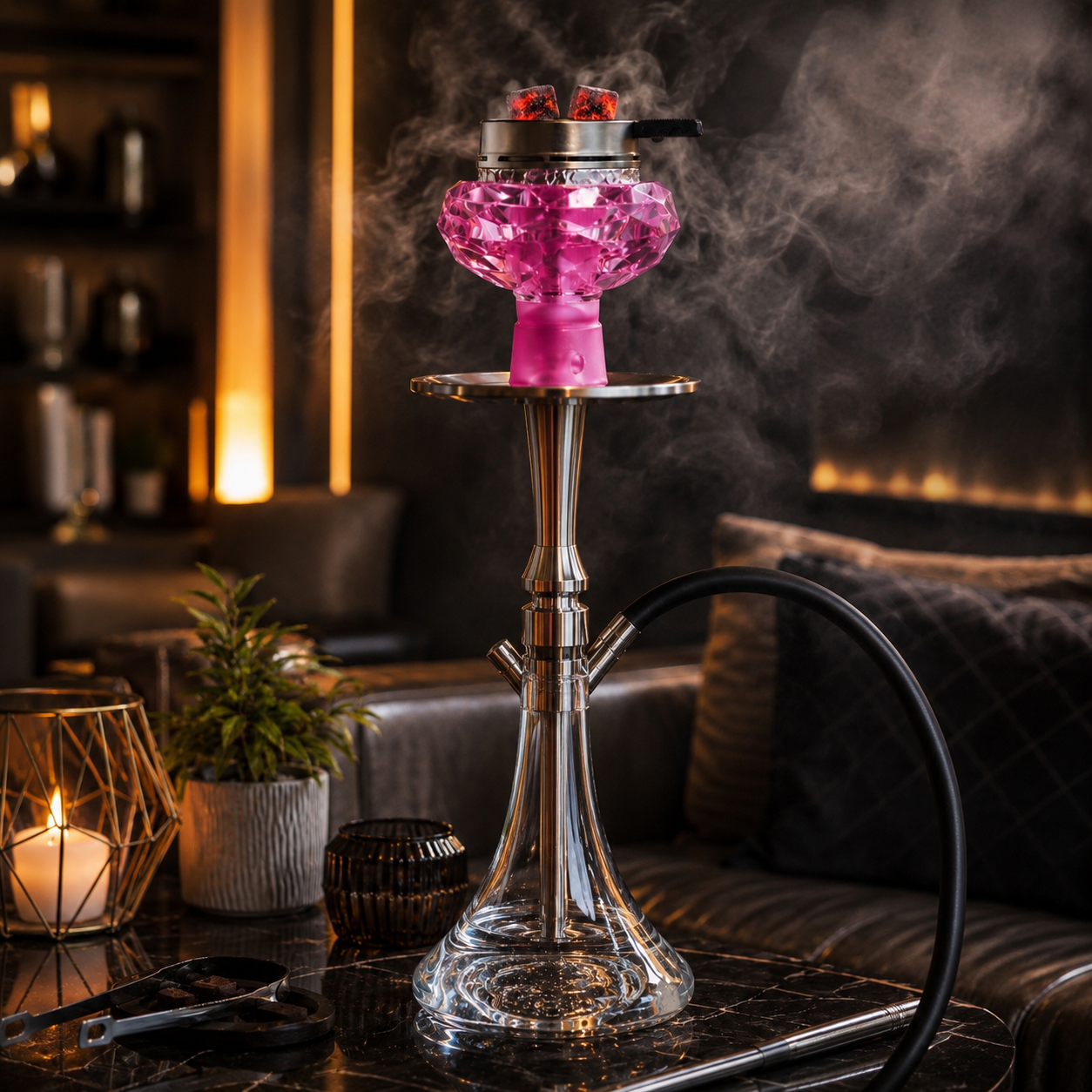 A pink and silver hookah set on a dark table in a dimly lit lounge, with smoke rising from the bowl and a black hose looping to the right.