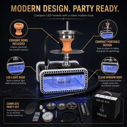 A hookah set displayed on a dark background with callout text and icons highlighting features such as a ceramic bowl, LED light base, clear window body, and included accessories. The main product is a compact hookah with a black base, illuminated blue trim, and an orange-brown bowl, alongside a black box labeled DREAM.