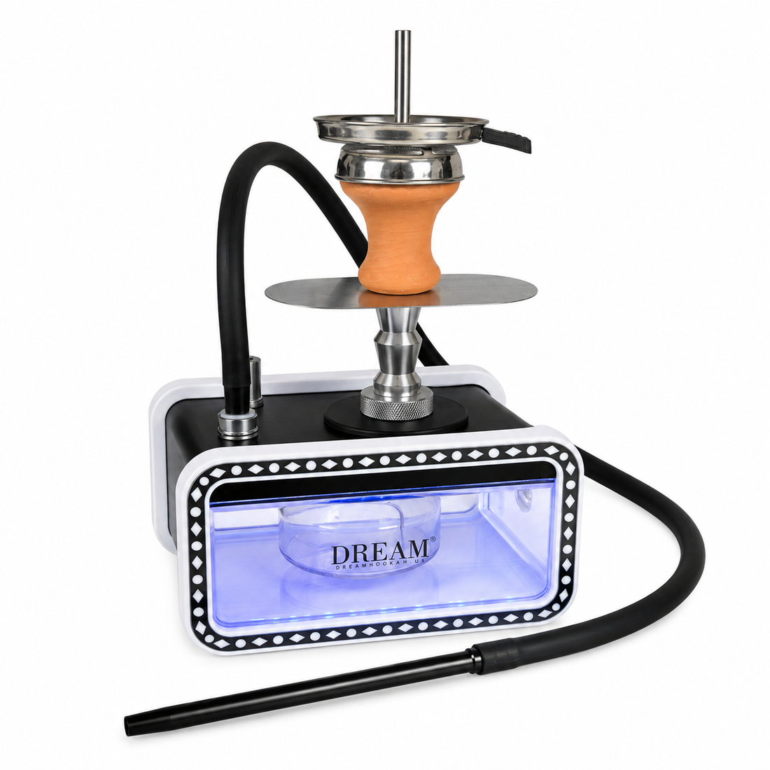 A hookah set on a white background, featuring a black and white base with a glowing blue light, an orange and silver metal mouthpiece, and a long black hose with a mouthpiece.