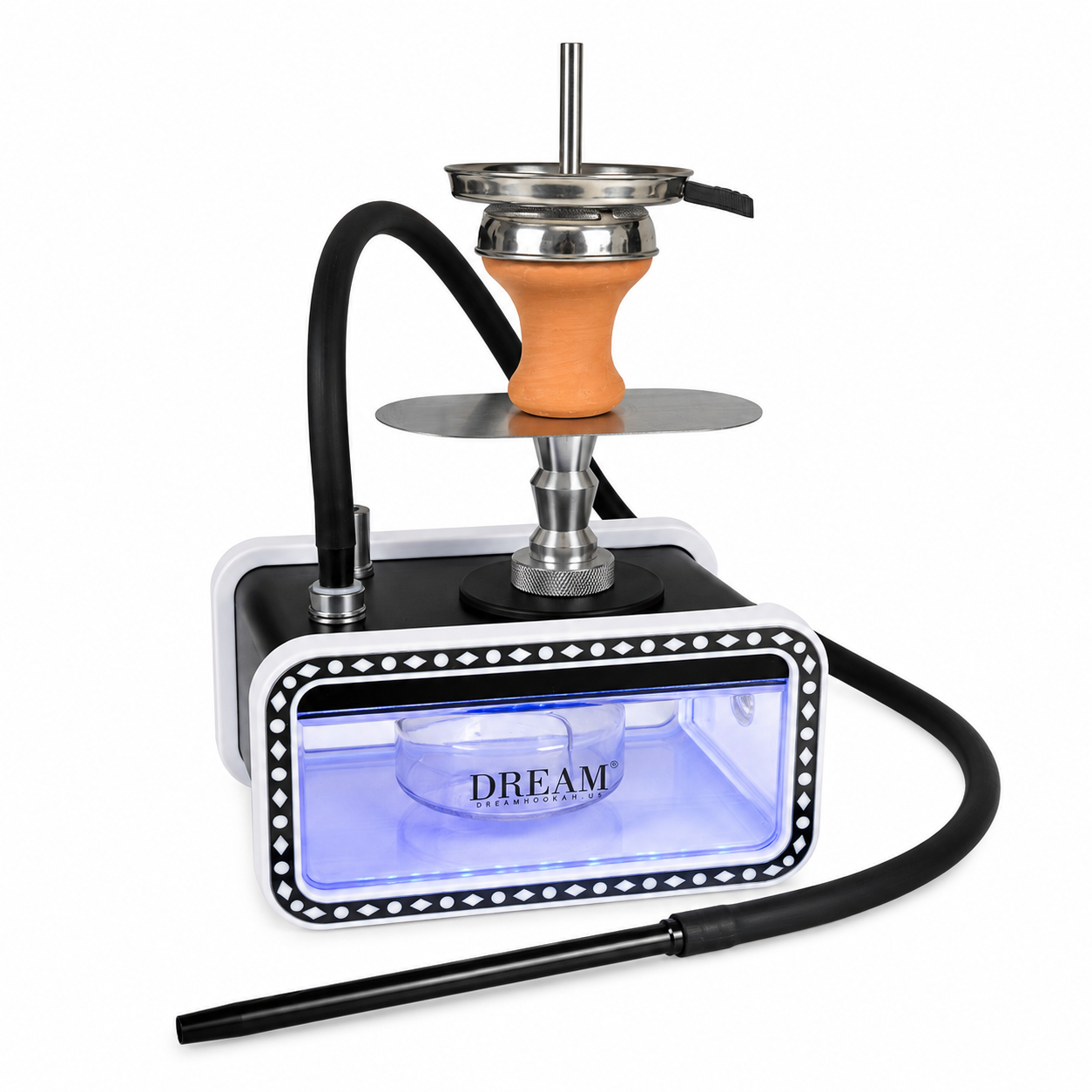 A hookah set on a white background, featuring a black and white base with a glowing blue light, an orange and silver metal mouthpiece, and a long black hose with a mouthpiece.