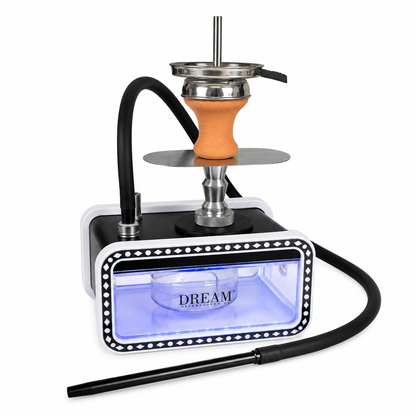 A hookah set on a white background, featuring a black and white base with a glowing blue light, an orange and silver metal mouthpiece, and a long black hose with a mouthpiece.