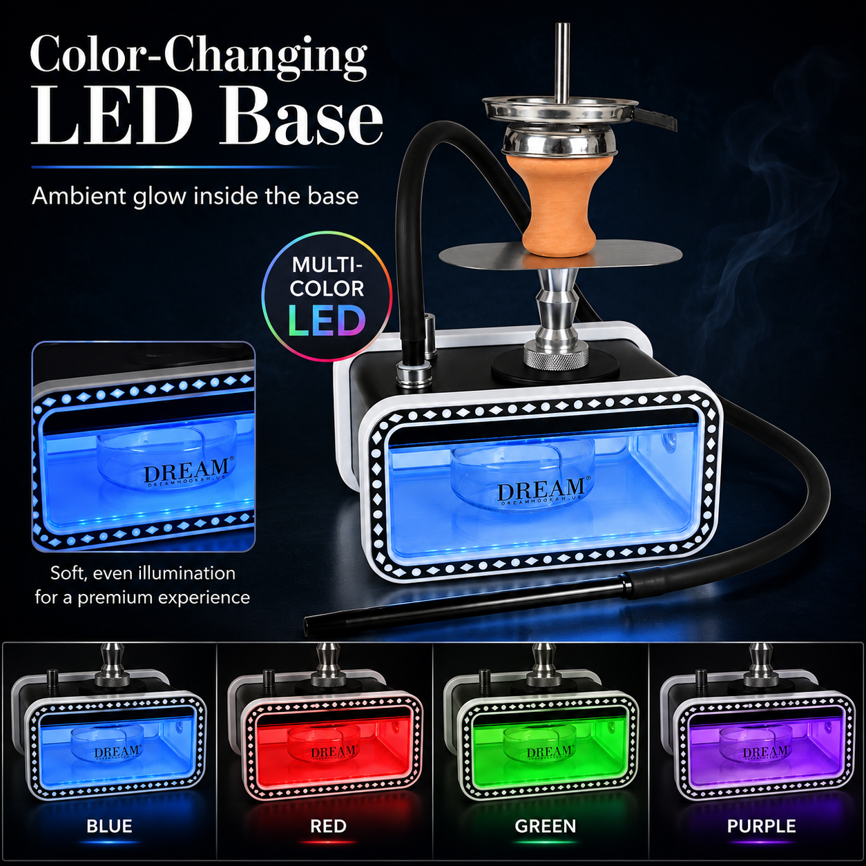 Color-changing LED base lamp with a hookah-style top, shown on a dark background with text highlighting ambient glow and multi-color LED capability. Four smaller panels at the bottom show the lamp glowing in blue, red, green, and purple.