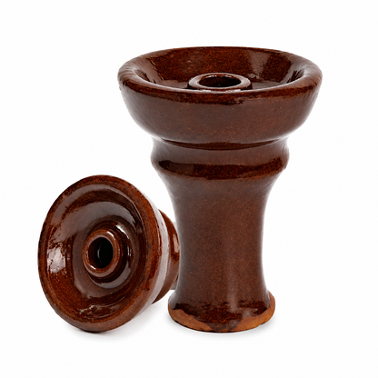 A brown glazed ceramic hookah bowl and matching base, shown on a clean white background with the base lying on its side.