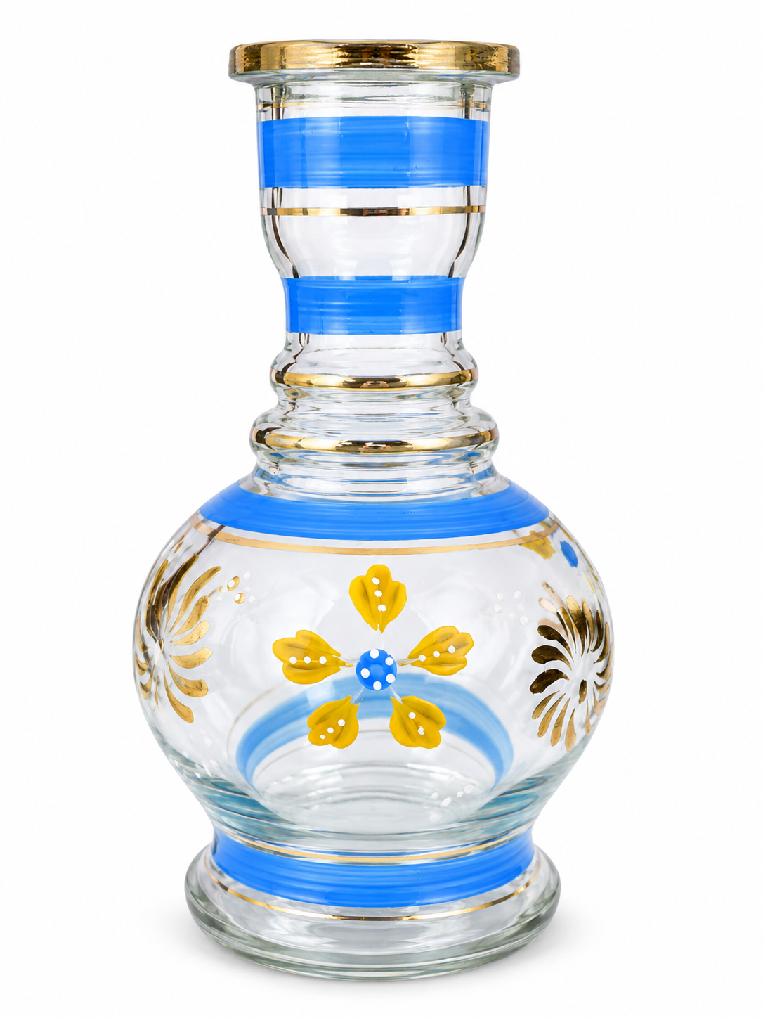 A clear glass decanter or vase with a bulbous body, a narrow neck, and a gold-rimmed top. It features decorative hand-painted blue and yellow floral motifs with gold accents on a white background.