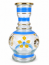 A clear glass decanter or vase with a bulbous body, a narrow neck, and a gold-rimmed top. It features decorative hand-painted blue and yellow floral motifs with gold accents on a white background.