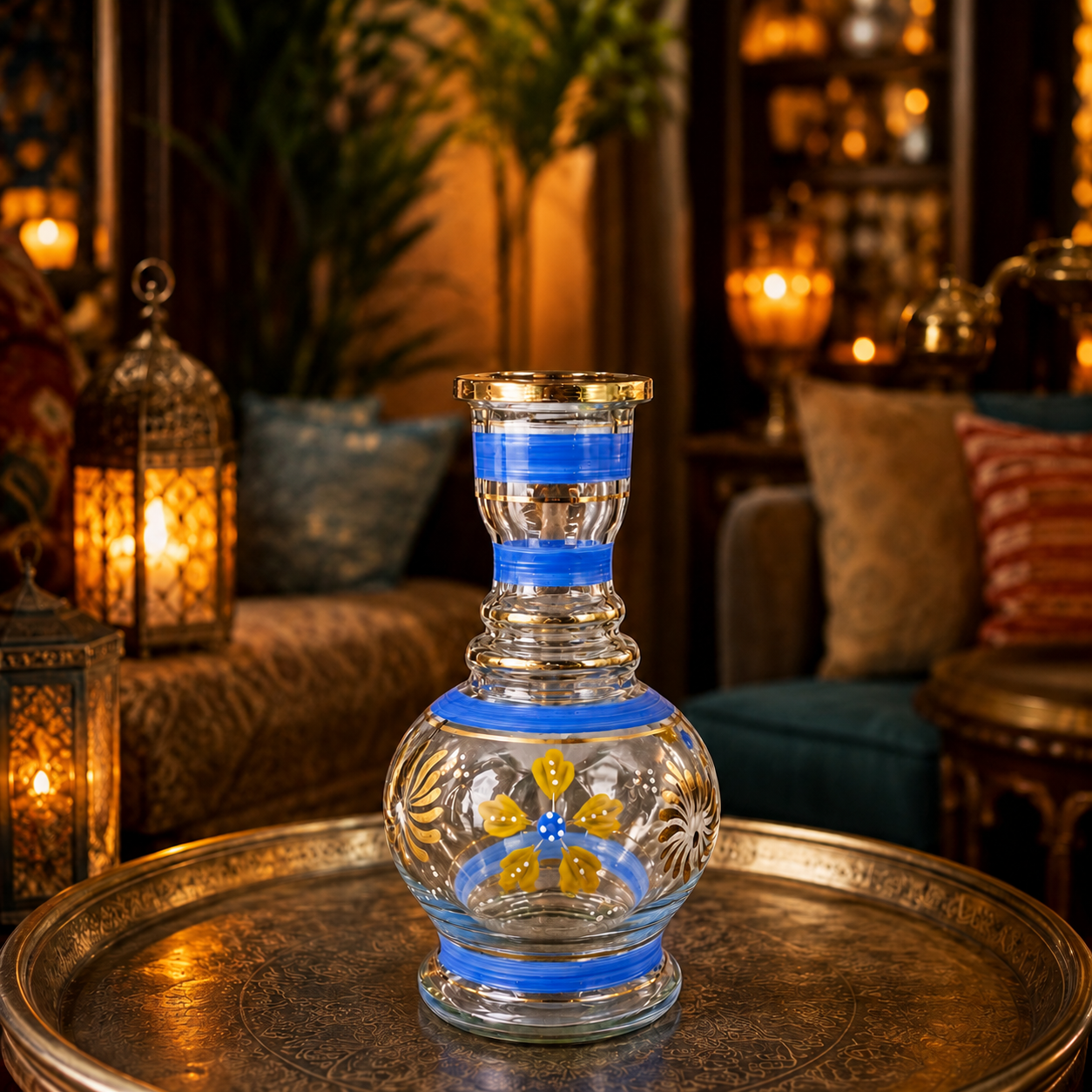 A clear glass decanter with blue bands and a yellow floral motif, displayed on a round brass tray in a warm, dimly lit, bohemian-style room.