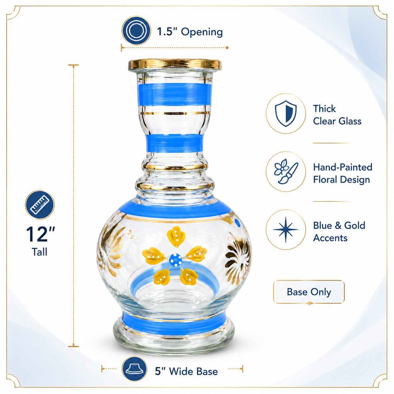 A clear glass decanter with blue and gold accents, shown with dimension labels and feature callouts on a white background. The bottle is 12 inches tall with a 5-inch wide base, has a 1.