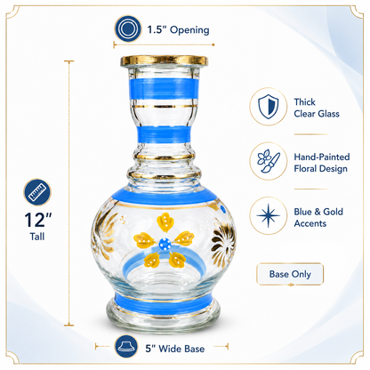 A clear glass decanter with blue and gold accents, shown with dimension labels and feature callouts on a white background. The bottle is 12 inches tall with a 5-inch wide base, has a 1.