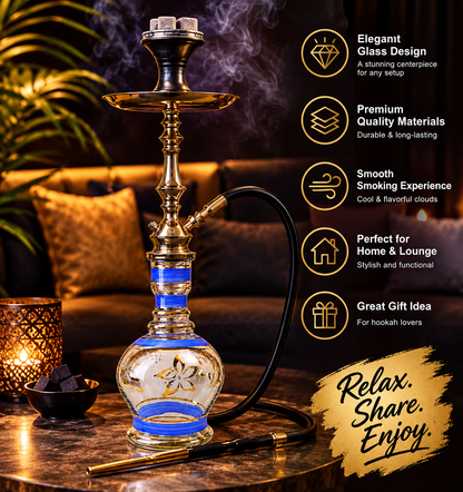12" Blue &amp; Gold Glass Hookah Base – Decorative Replacement Vase