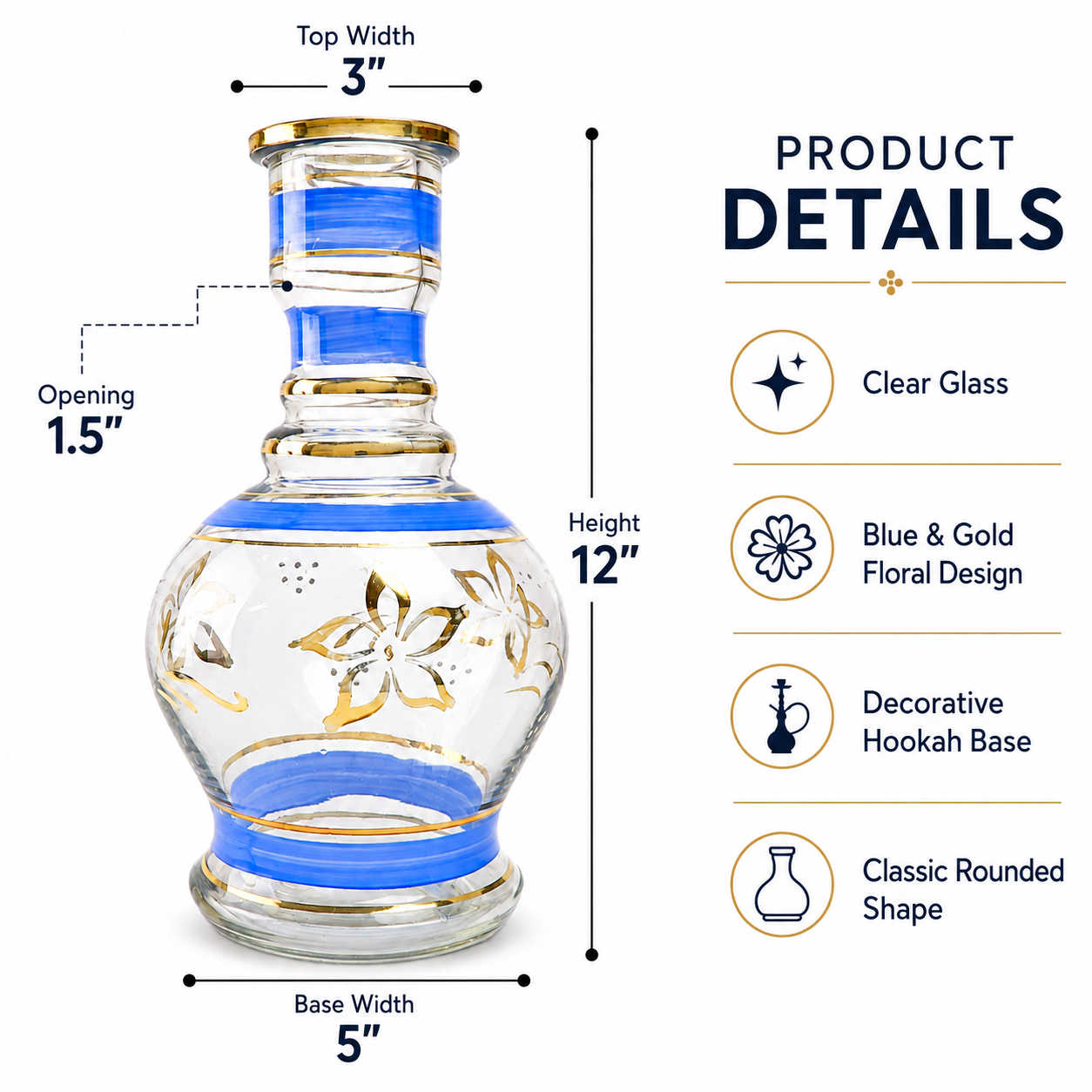 12" Blue &amp; Gold Glass Hookah Base – Decorative Replacement Vase