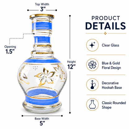 12" Blue &amp; Gold Glass Hookah Base – Decorative Replacement Vase
