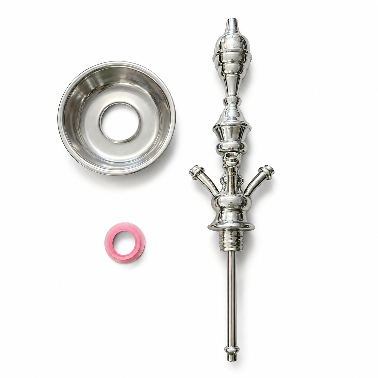 A polished silver metal hookah set on a white background, including a bowl, a pink ring, and a long decorative metal stem.