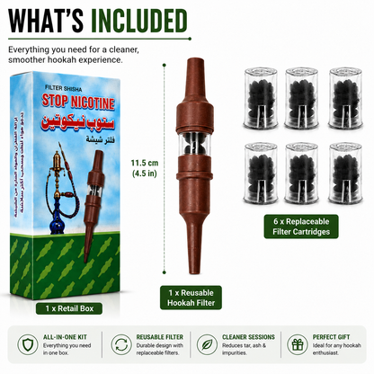 Egyptian hookah filter kit showing reusable adapter, retail packaging and six replacement filter cartridges.
