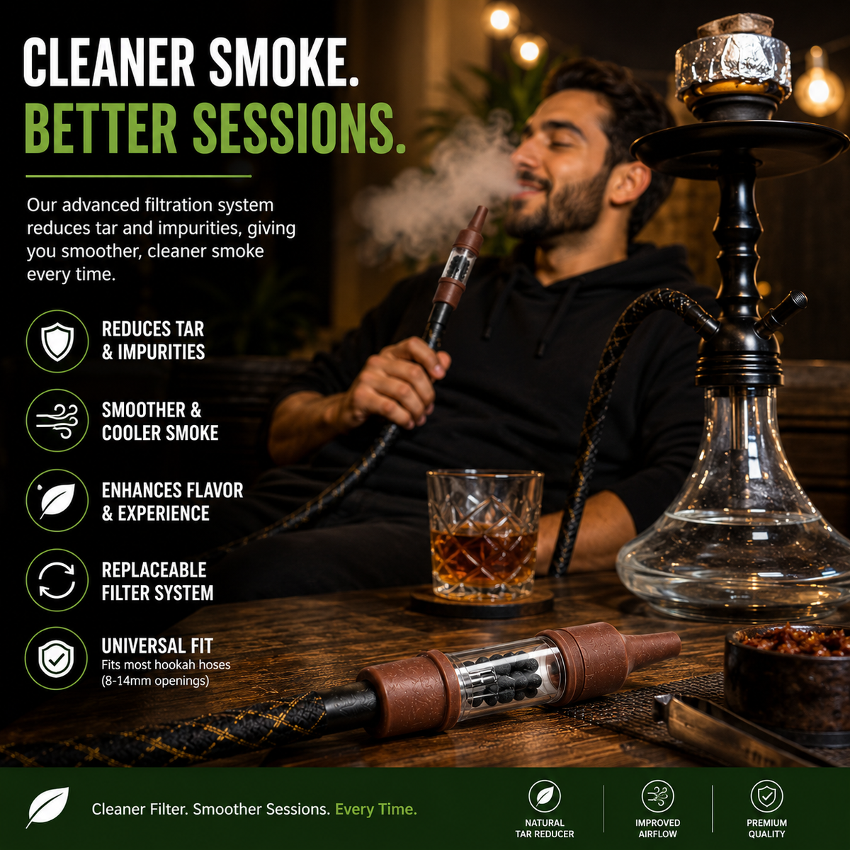 Hookah lifestyle image showing the reusable Egyptian hookah filter adapter in use with a hookah setup.