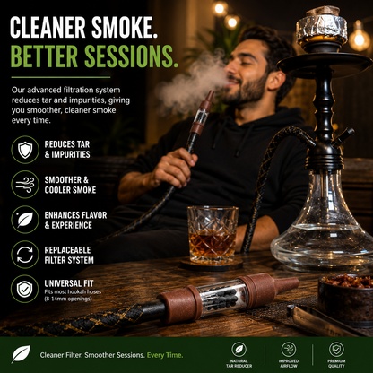 Hookah lifestyle image showing the reusable Egyptian hookah filter adapter in use with a hookah setup.