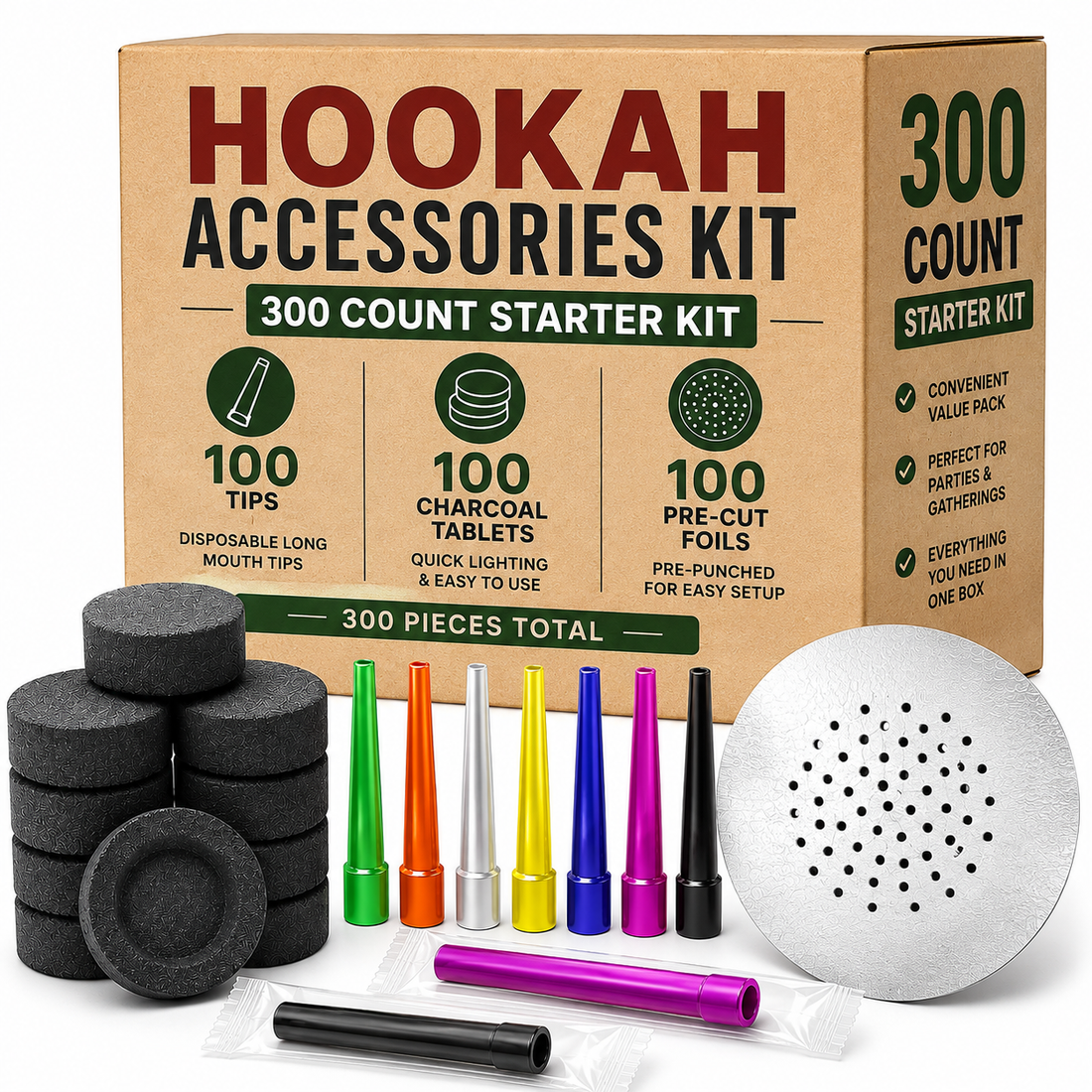Hookah accessories kit in a brown cardboard box with 300 count starter pieces arranged in front, including charcoal discs, colored metal tips, a silver filter, and mouth tips on a white background.