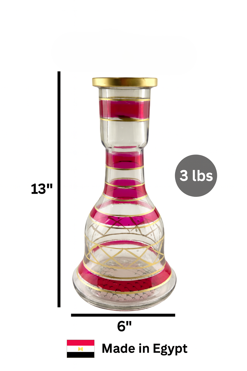 Glass hookah with pink and gold stripes, dimensions, weight, and &
